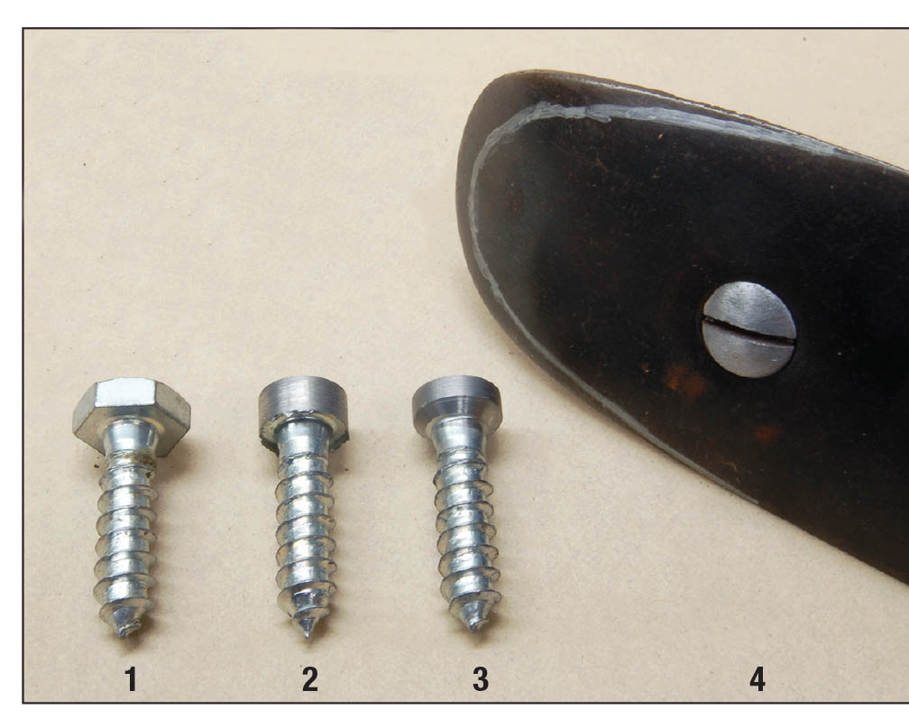 Quarter-inch lag screws have heads altered to fit a reshaped military buttplate: (1) original lag, (2) head rounded, (3) countersink cut and (4) head slotted and installed.